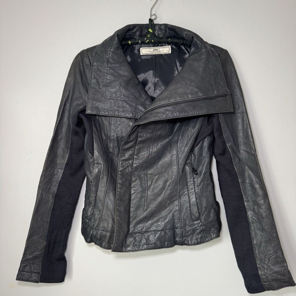 Chic Asymmetrical Zip Blue Grey Funnel Collar Lamb Leather Jacket Fall Grunge